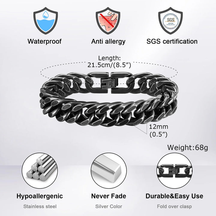 Man Chunky Cuban Chain Bracelet,Stainless Steel Gold Silver Black Retro Color Miami Curb Link Wristband Gift,8/10/12/15MM Width